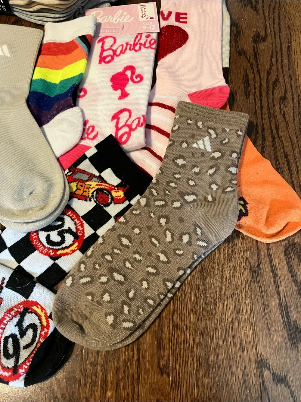 Mixed women/kids Character Socks Bundle( Barbie/balega/adidas/race-car/love)